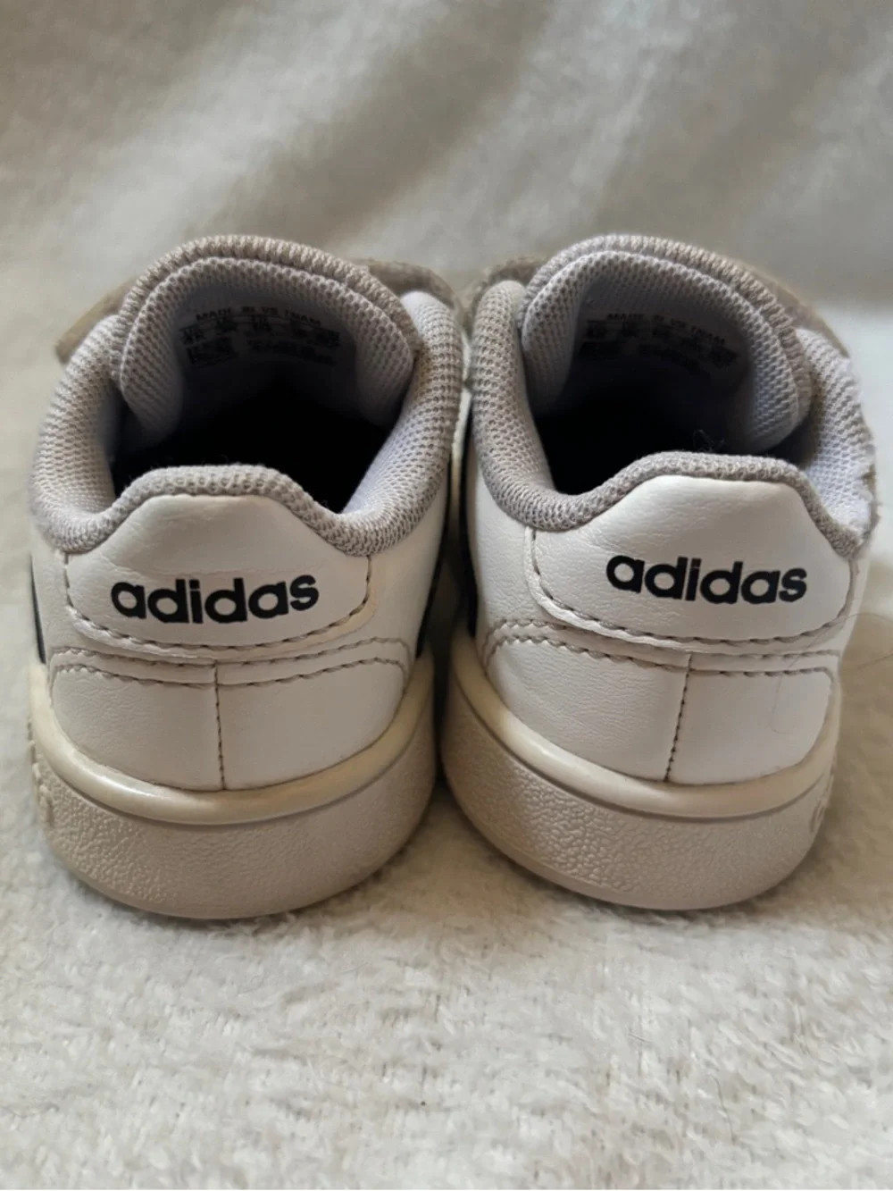 adidas Kids White Sneakers with Black Stripes Velcro